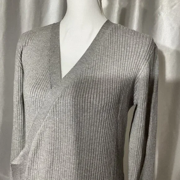WAYF Ribbed Knit Gray Wrap Midi Dress size LWith Long Sleeves & Adjustable Tie B - Picture 7 of 9